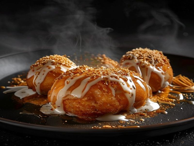 Rabri Reactor - rabri cream drizzled loukoumades